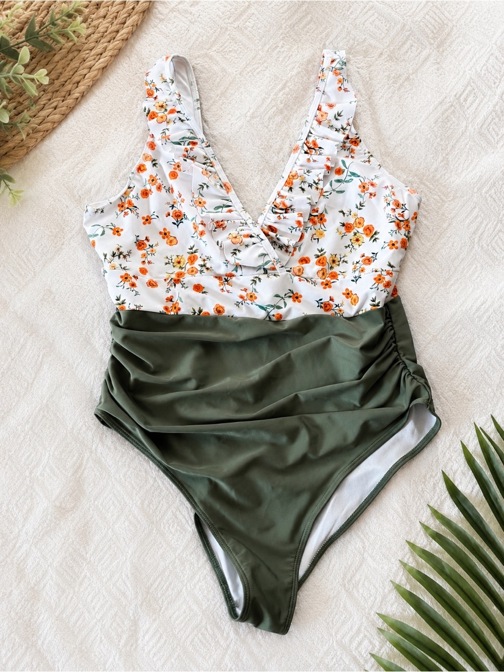 Women’s Floral One Piece Swimsuit Olive Green Ruffle Tummy Control